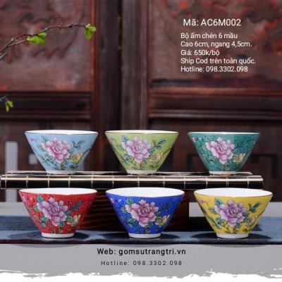 Bộ chén hoa mẫu đơn 6 mầu